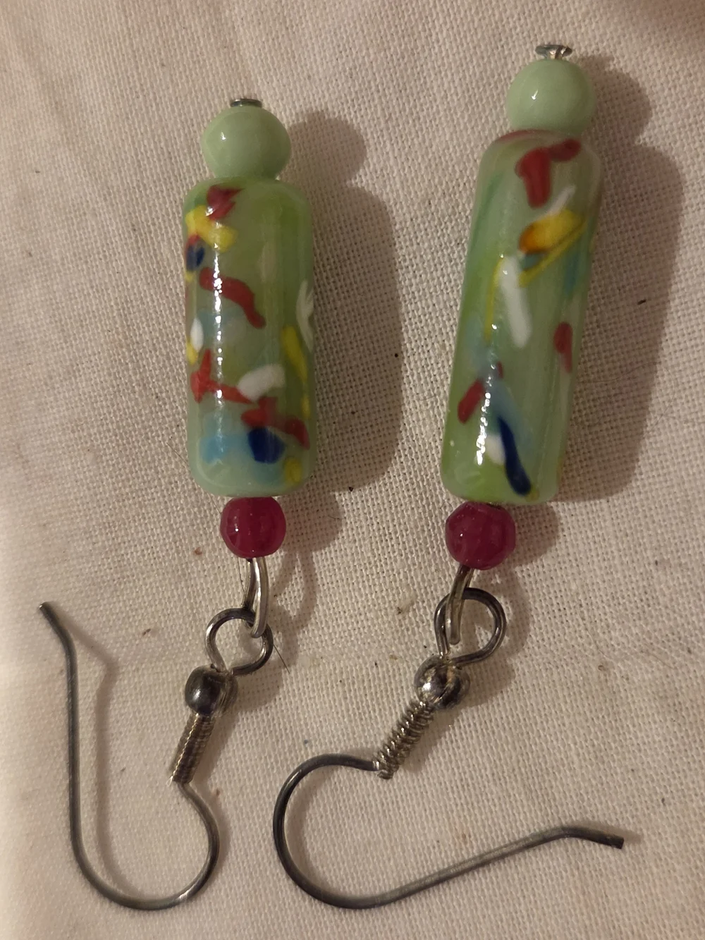 Vintage Handmade Light Green Glass Bead Necklace Pendant with Multicolor Accents